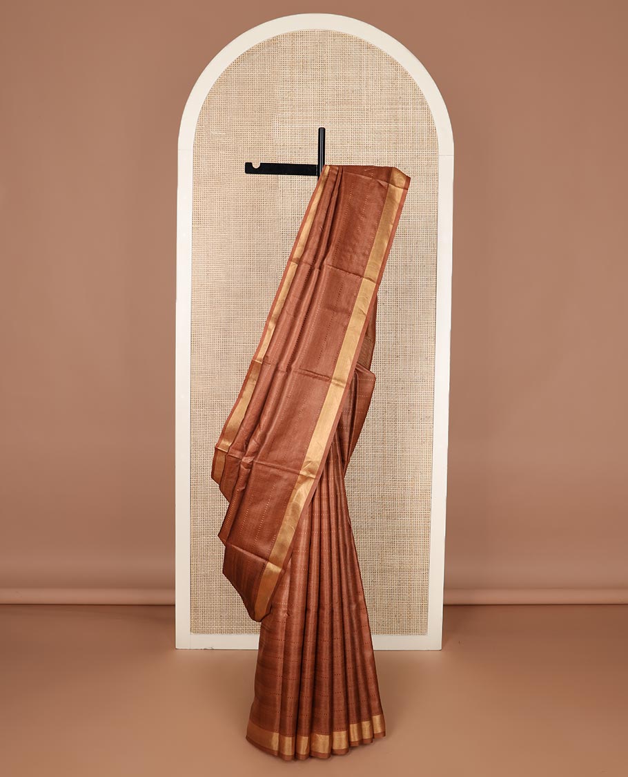 Brown horizontal striped tussar silk saree, zari border and horizontal striped pallu