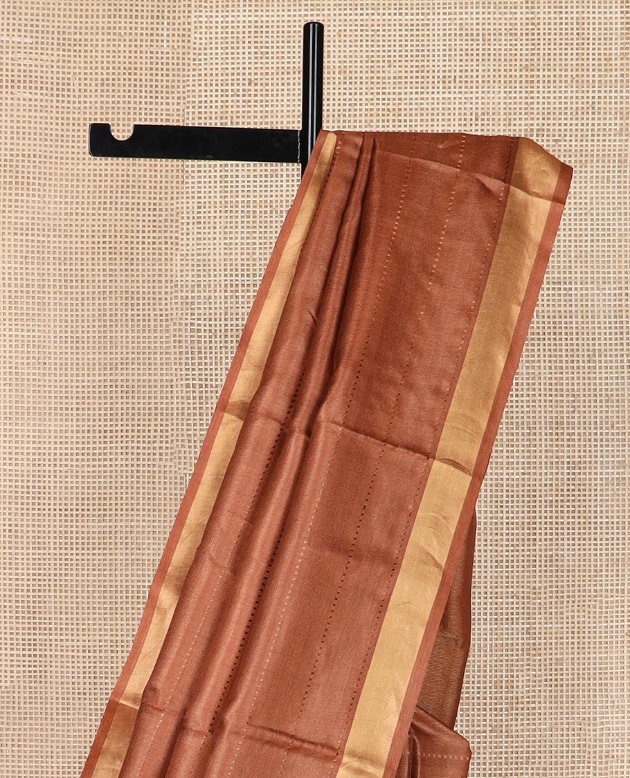 Brown horizontal striped tussar silk saree, zari border and horizontal striped pallu