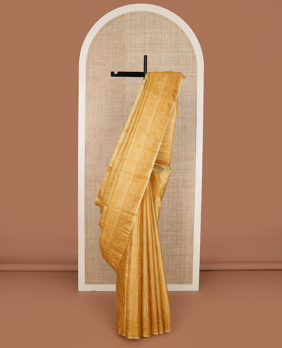 Yellow maze patterned thread embroidered tussar saree, floral creeper thread embroidered border