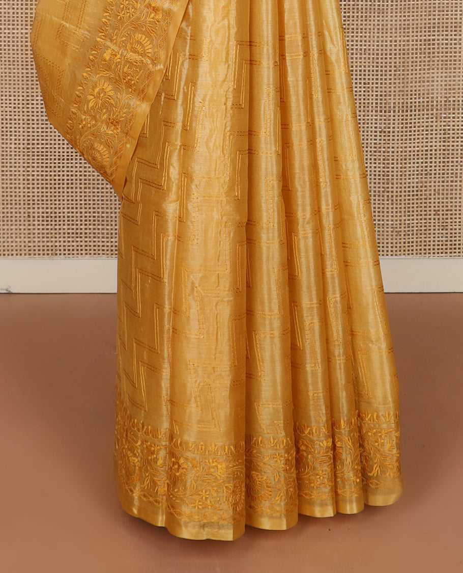 Yellow maze patterned thread embroidered tussar saree, floral creeper thread embroidered border