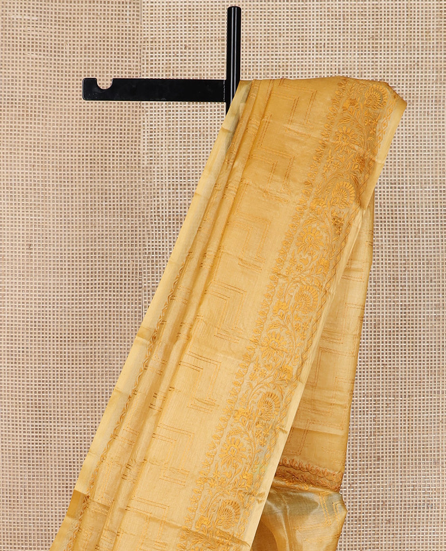 Yellow maze patterned thread embroidered tussar saree, floral creeper thread embroidered border