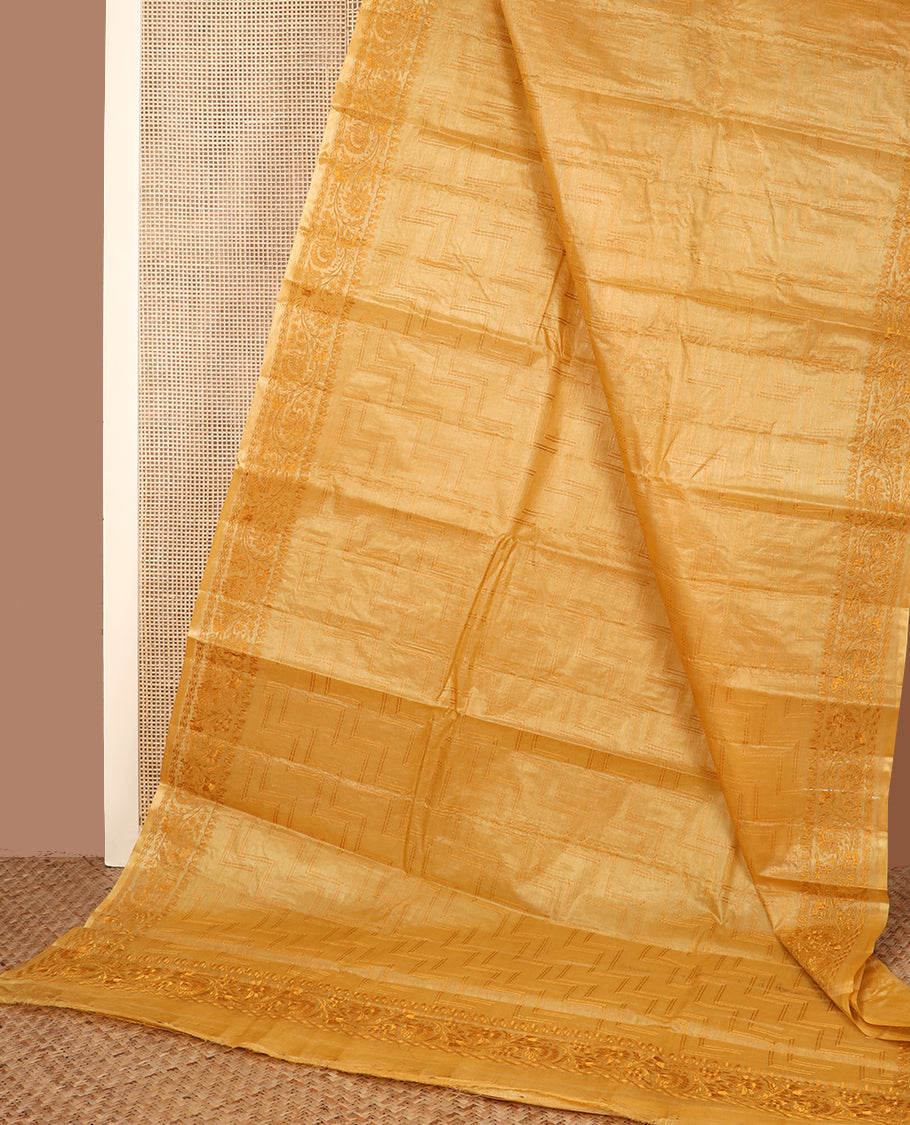 Yellow maze patterned thread embroidered tussar saree, floral creeper thread embroidered border