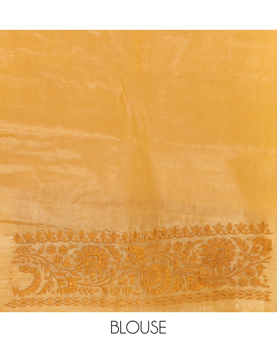 Yellow maze patterned thread embroidered tussar saree, floral creeper thread embroidered border