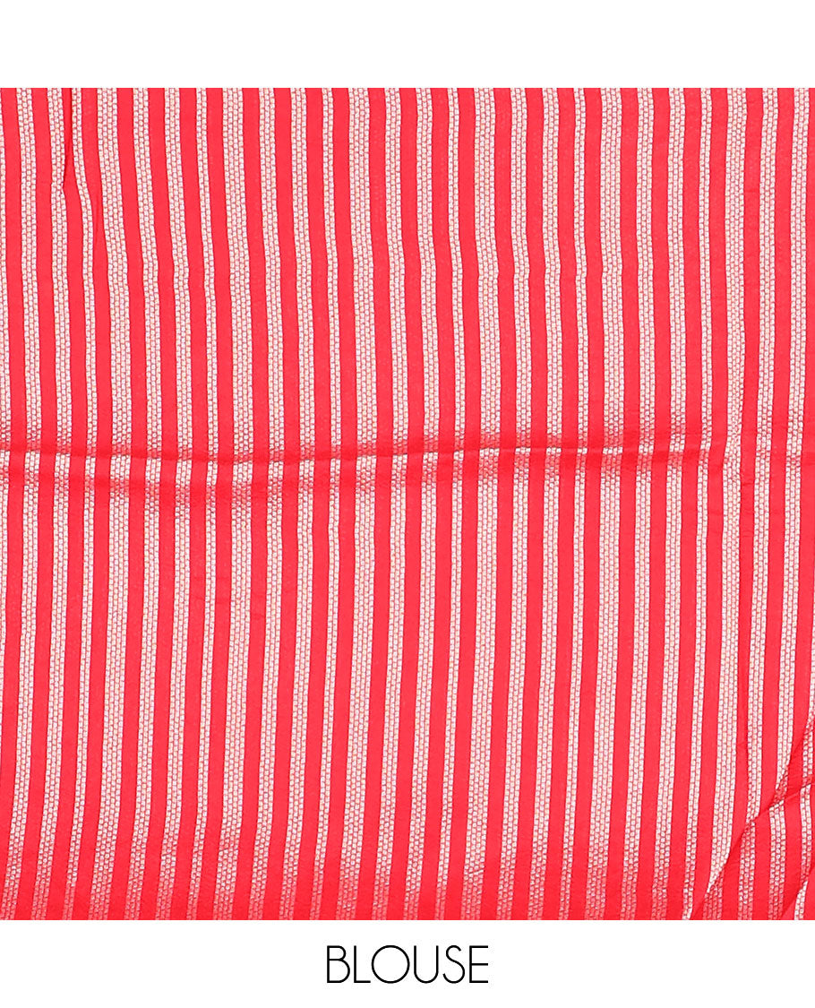 Red Matka silk saree features rudraksham motifs, scallop floral motifs and bird embossed thread embroidery border