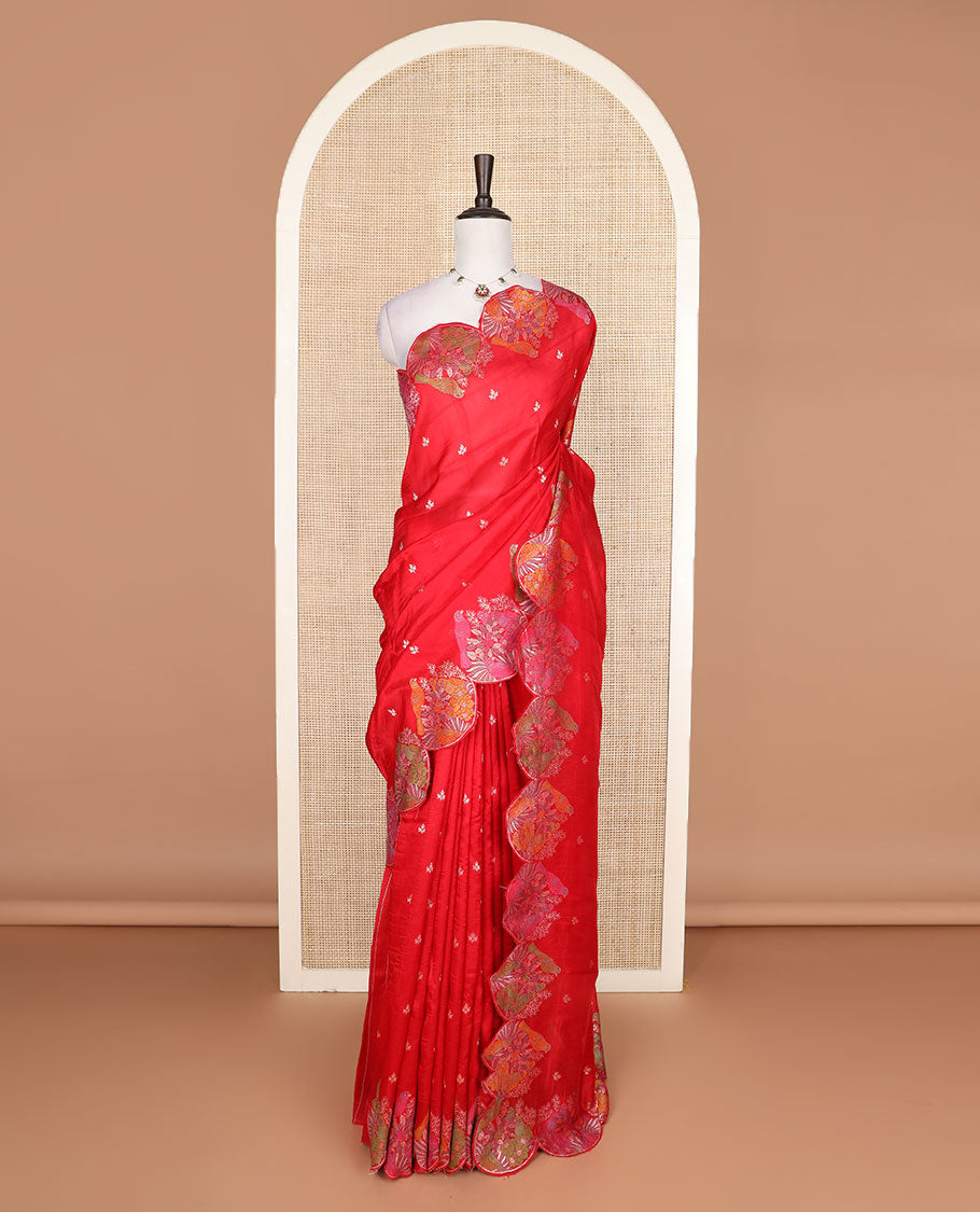 Red Matka silk saree features rudraksham motifs, scallop floral motifs and bird embossed thread embroidery border
