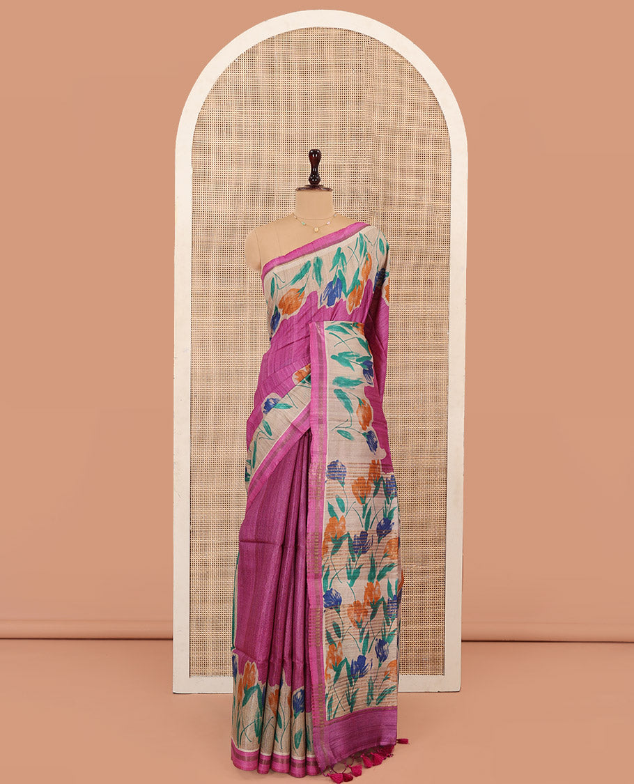Rani Pink Plain Tussar Silk Saree Colorfully Printed with Hand-Brush Painting-Style Floral Motifs, Pallu Beautified with Floral Print, and Paired with a Contrast Blouse
