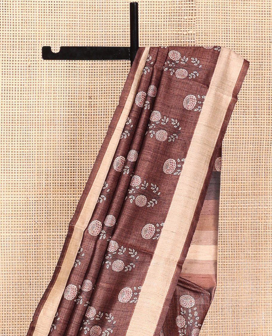 Brown Tussar Silk Saree, Detailed with Floral Motifs Print on Its Body, a Contrast Border, Multi-Color Ombre-Style Striped Pallu, and Paired with a Matching Blouse