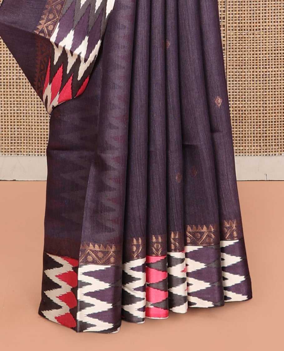 Grey Tussar Silk Saree, Subtly Sparkled with Buttas, Complemented by a Contrast Chevron-Striped Border, Printed Pallu, and a Contrast Blouse