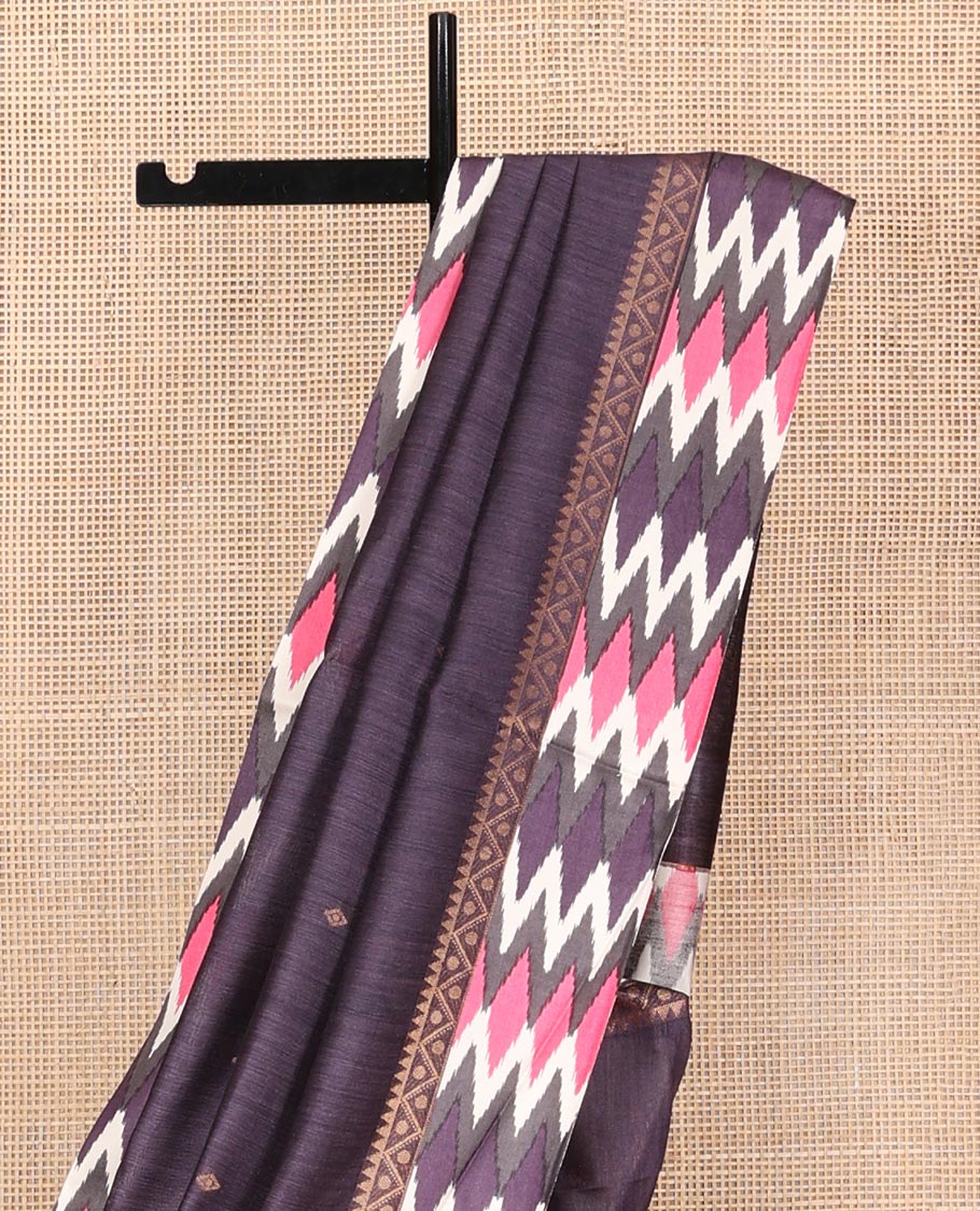 Grey Tussar Silk Saree, Subtly Sparkled with Buttas, Complemented by a Contrast Chevron-Striped Border, Printed Pallu, and a Contrast Blouse