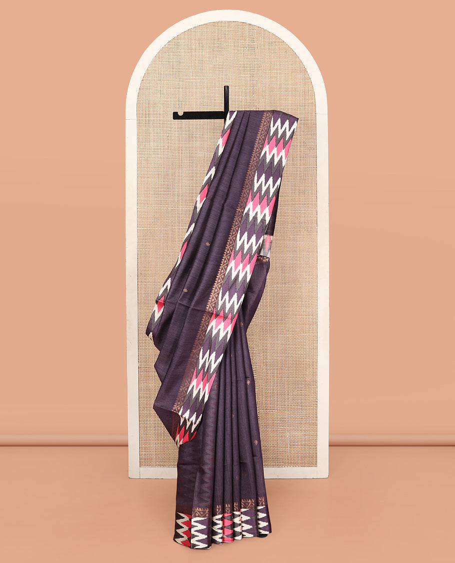 Grey Tussar Silk Saree, Subtly Sparkled with Buttas, Complemented by a Contrast Chevron-Striped Border, Printed Pallu, and a Contrast Blouse