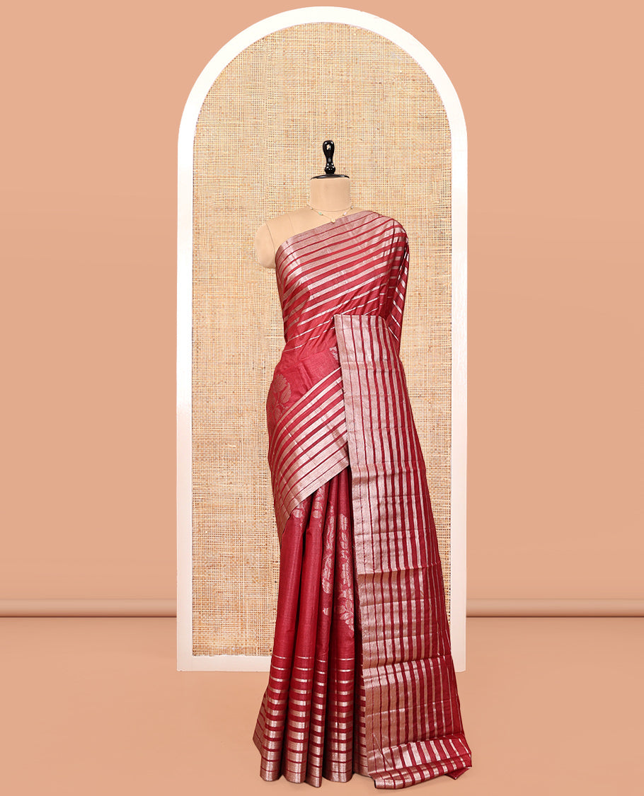 Borderless Red Tussar Silk Saree, Elegantly Framed with Zari Stripes and Floral Buttas, Striped Pallu, and a Matching Blouse