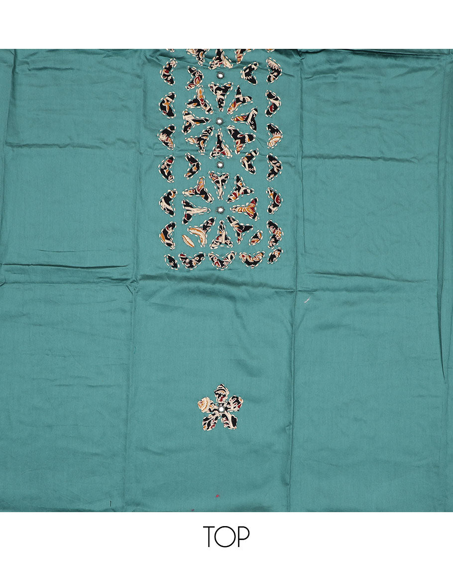 Blue material chudidar set, neck cloth and kantha style embroidered top, contrast floral vine printed bottom and dupatta