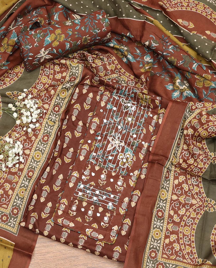 Brown Material Chudidar Set, Embellished with Floral Block Print and Neck Work Cotton Top, a Floral Printed Cotton Bottom, and Paired with Floral Printed Dupatta