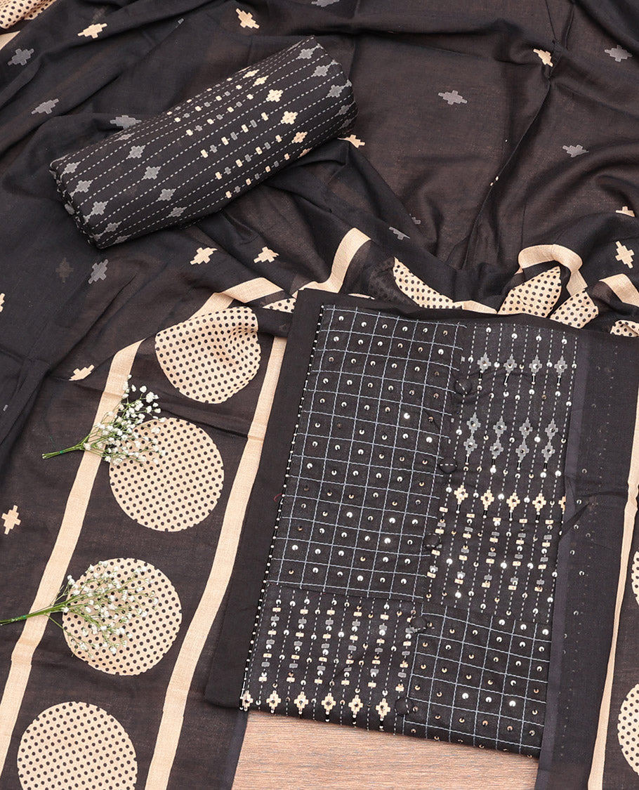 Black Cotton Material Churidar Set, Decorated with Sequins Work and Embroidered Top, Printed Bottom, and a Geometric Printed Dupatta