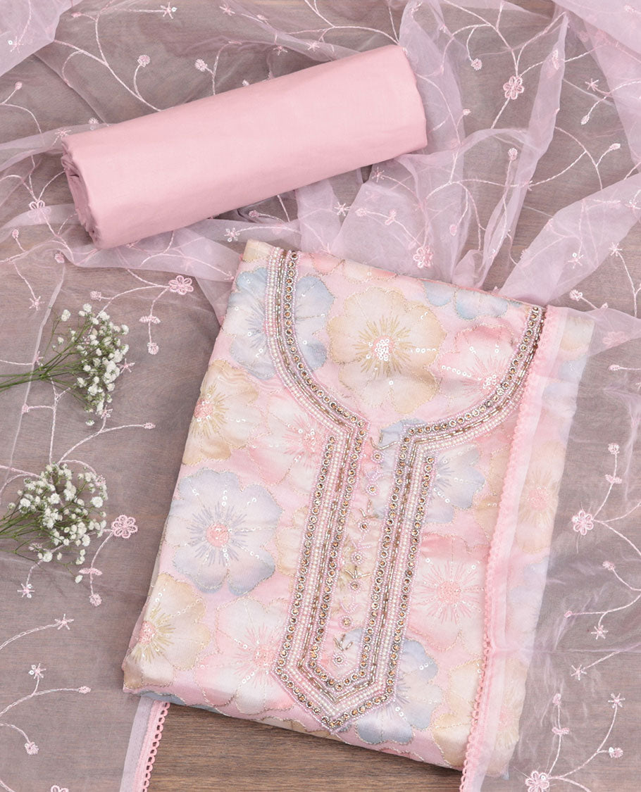Pink Organza Material Chudidar Set