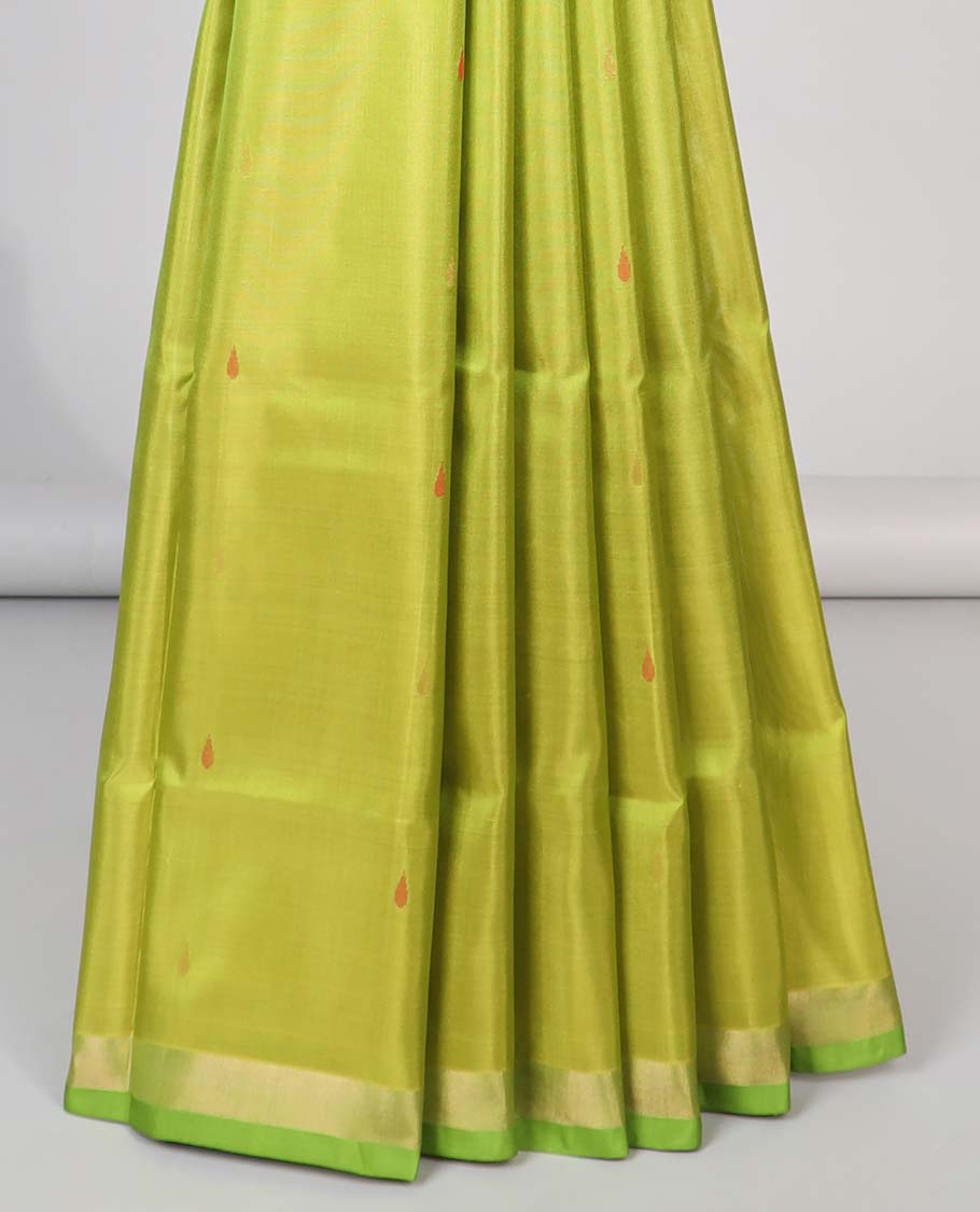 Light green floral motifs upadda silk saree with self zari border & floral vine design pallu