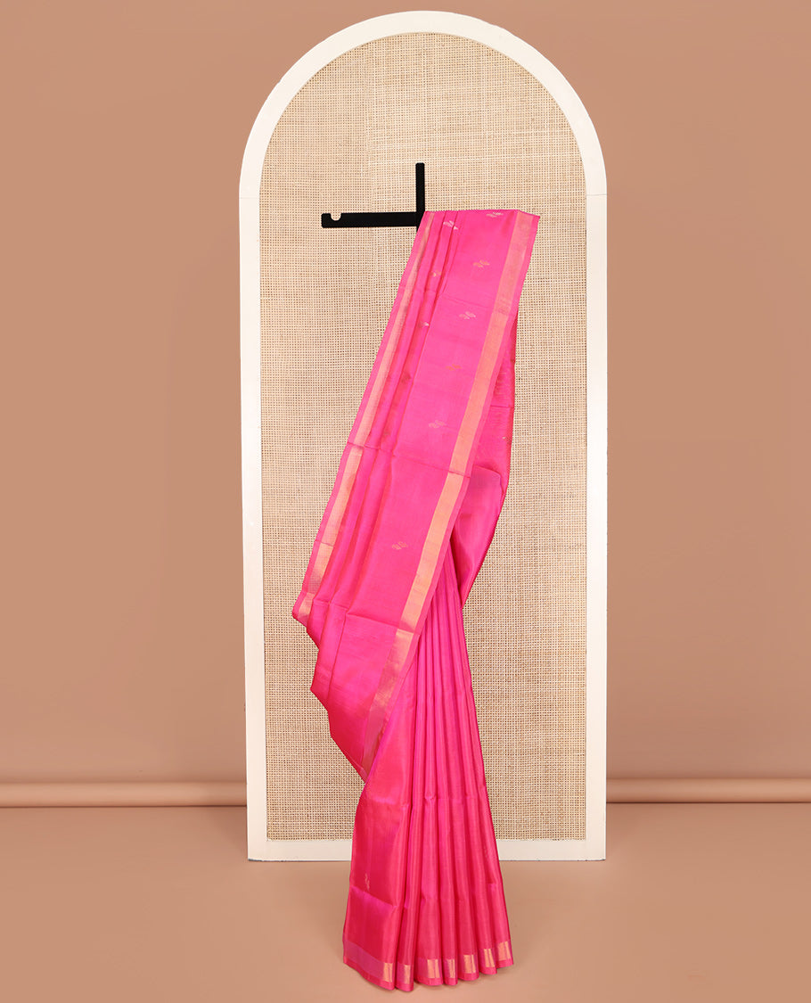 Pink Uppada Silk Saree, Subtly Sparkled with Buttas All Over Its Body, Subtle Bavanji Border, Pallu Steeped with Buttas, and Paired with a Matching Blouse