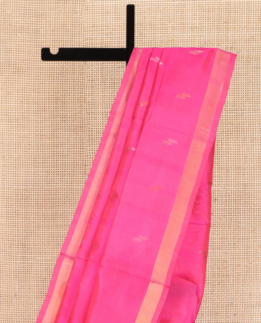Pink Uppada Silk Saree, Subtly Sparkled with Buttas All Over Its Body, Subtle Bavanji Border, Pallu Steeped with Buttas, and Paired with a Matching Blouse