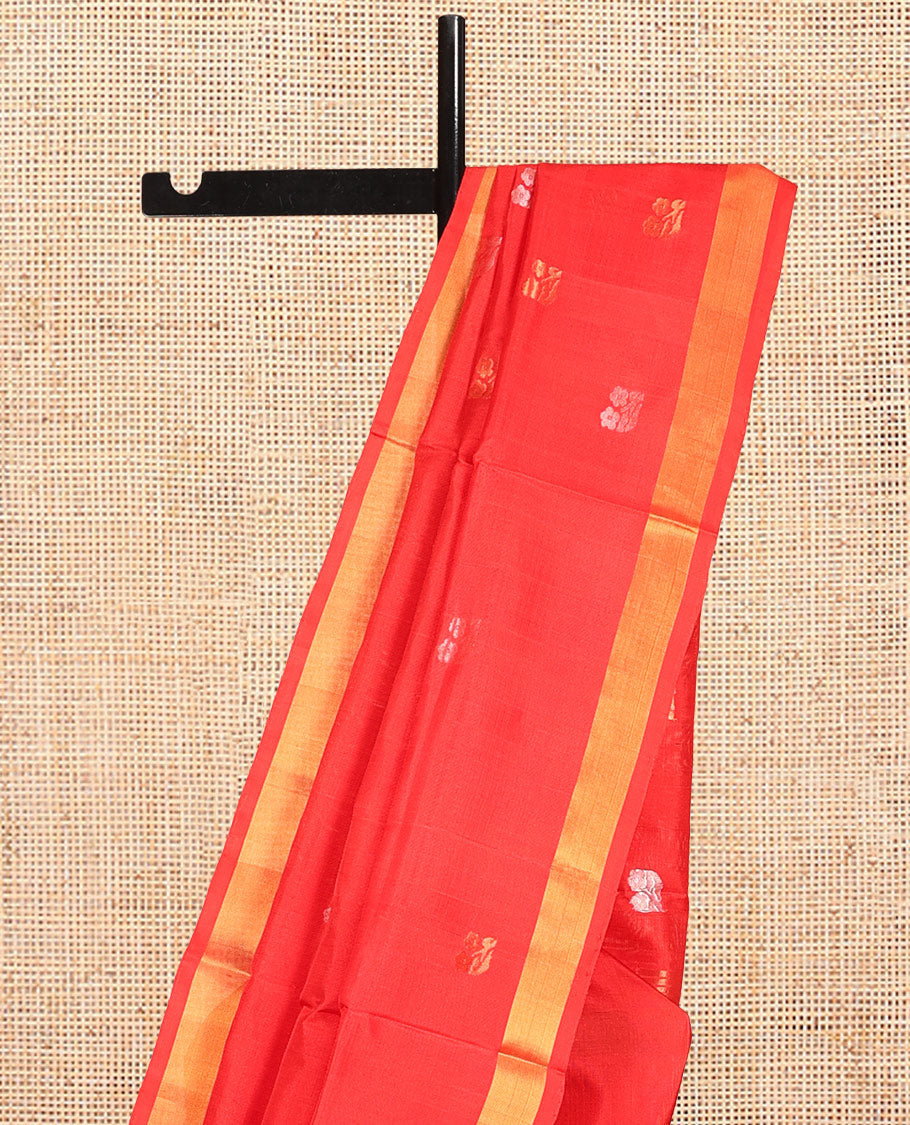 Red Uppada Silk Saree, Spotlighted with Zari Buttas, a Zari Bavanji Border, Floral Buttas Pallu, and a Matching Blouse