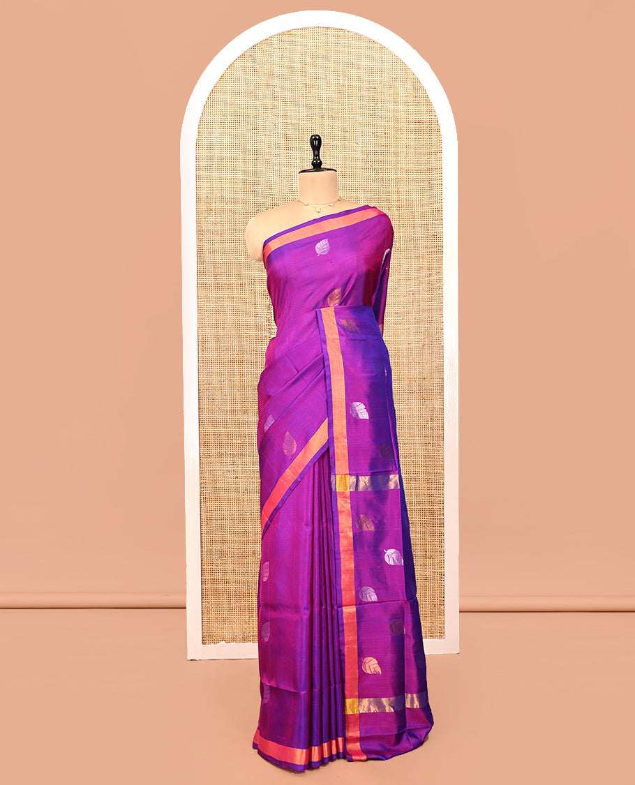 Purple Uppada Silk Saree, Mesmerized with Leaf Buttas, a Subtle Zari Border, Pallu of Leaf Designs, and a Matching Blouse