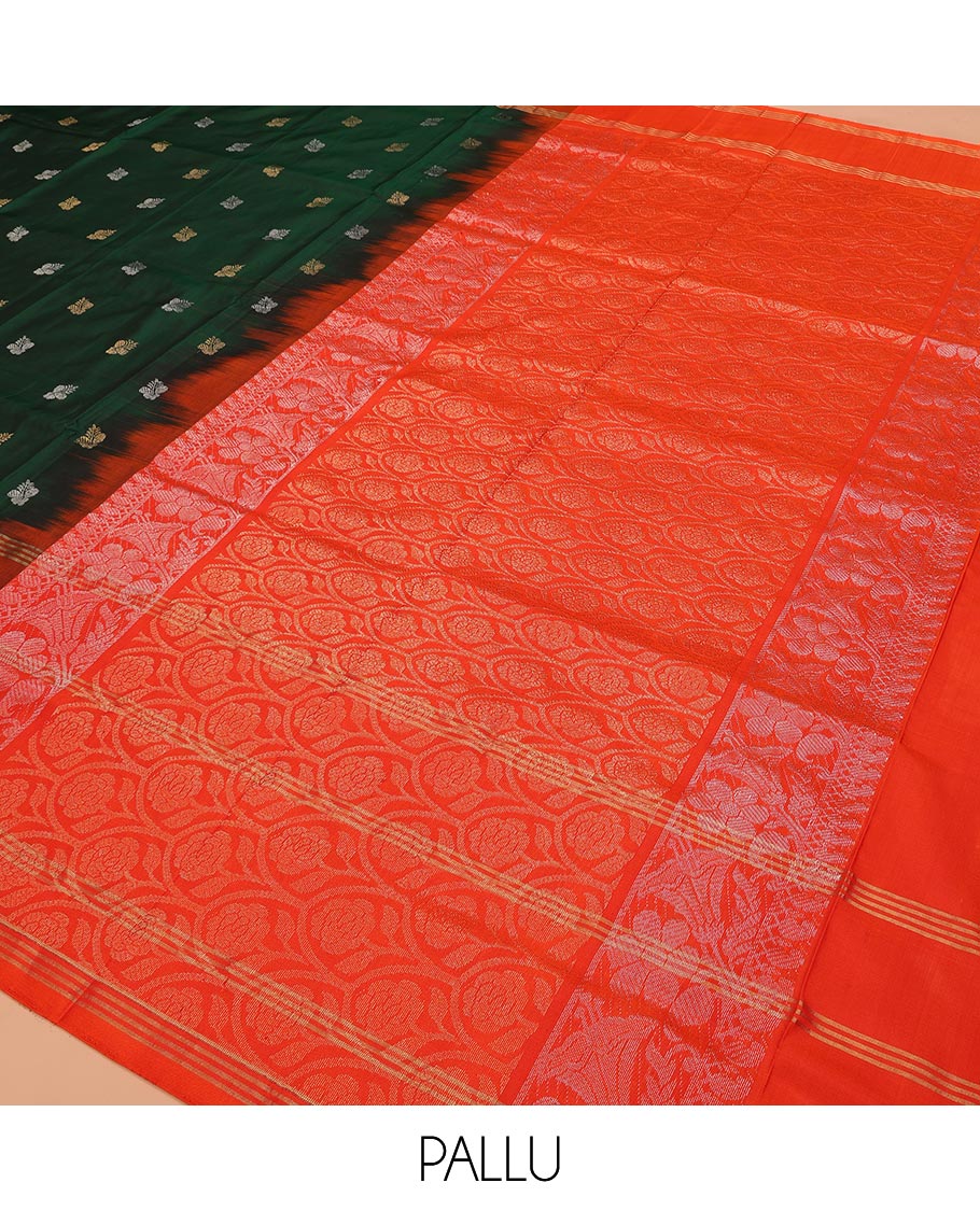 Green Uppada Silk Saree Enlivened With Zari Buttas, Captivating Contrast Border Featuring Zari Stripes And Peacock Motifs, Pallu Depicting Rose Flower-Enclosed Mughal-Style Arches, And Paired With A Contrast Blouse