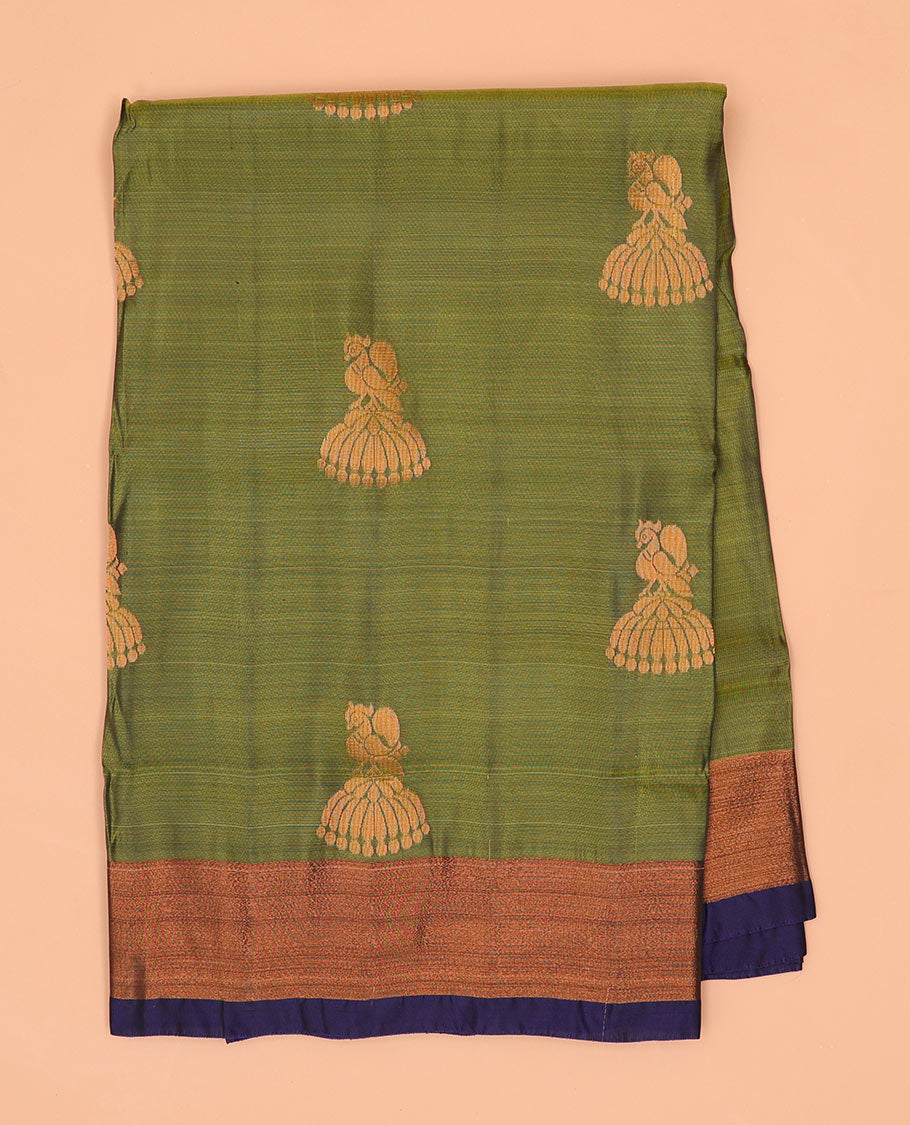 Green with motifs semi-uppada saree with contrast zari border & intricate zari design pallu