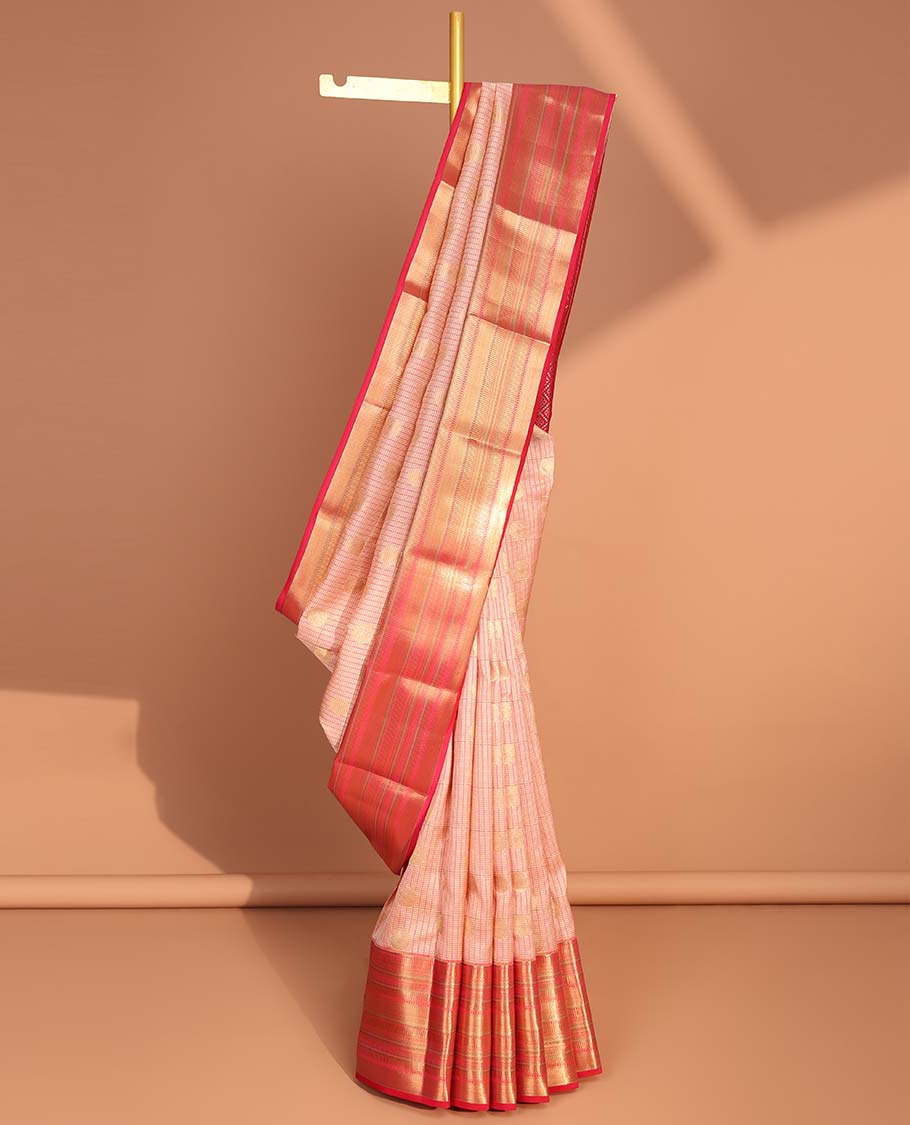 Cream checked, buttas vasundhara elite silk saree with contrast zari design border & checked zari design pallu