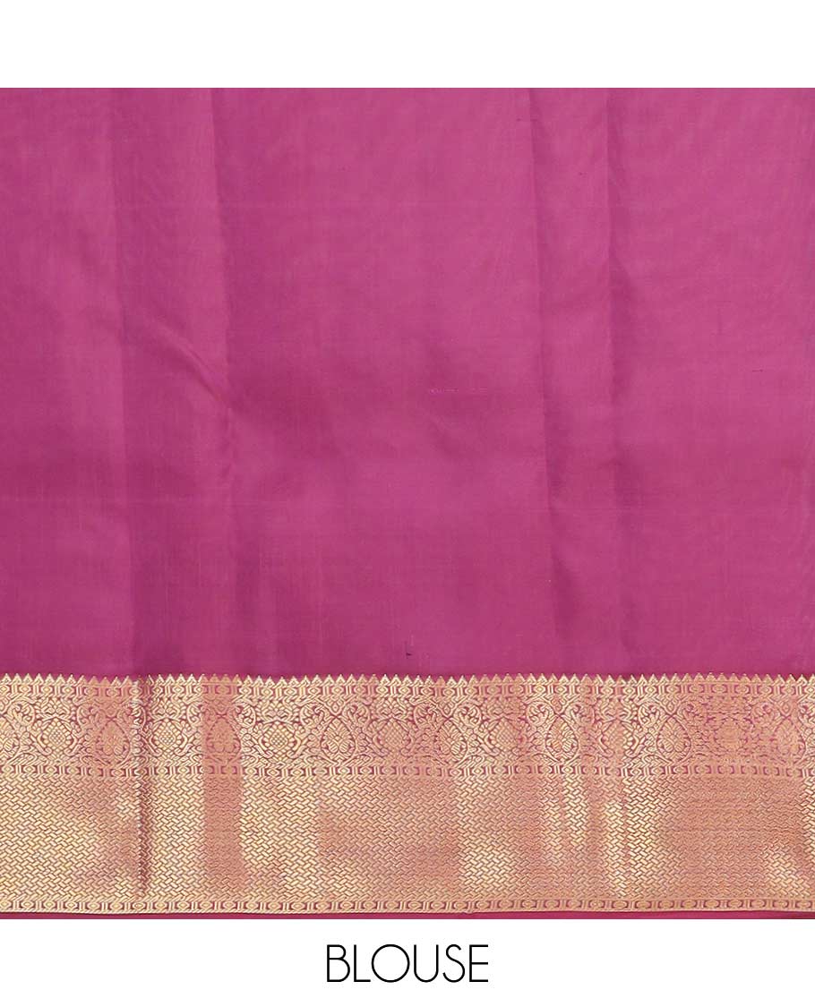 Blue zari buttas Vasundhara silk mix saree, contrast border of rekku, diamond, thilakam, and paiyaadi kattam, and intricate pallu