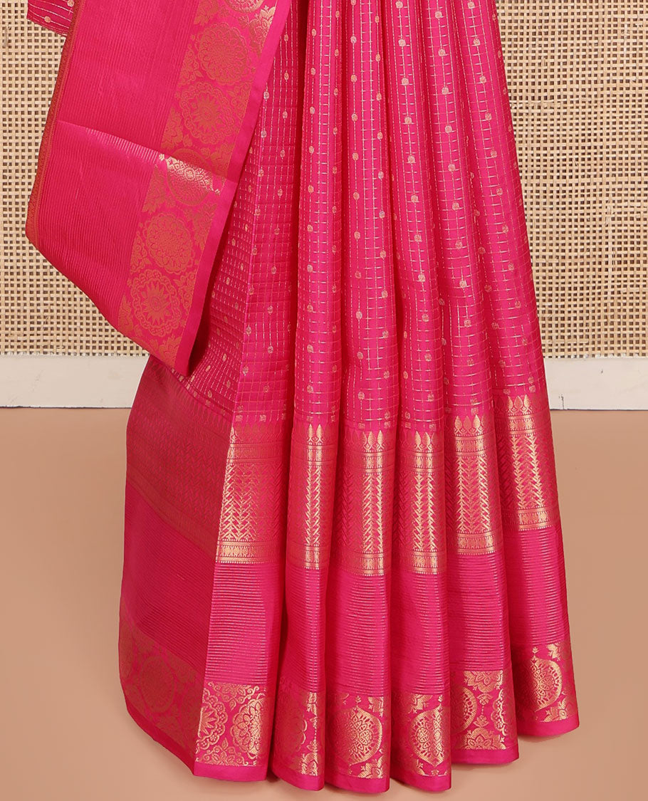 Pink Vasundhara Lite Silk Mix Saree, Richly Detailed with Zari Buttas and Checks, Highlighted by Zari Border of Thilakam Mokku, Muthu, Rudraksham, and Chakram Designs, Majestically Detailed Pallu, and Paired with a Matching Blouse