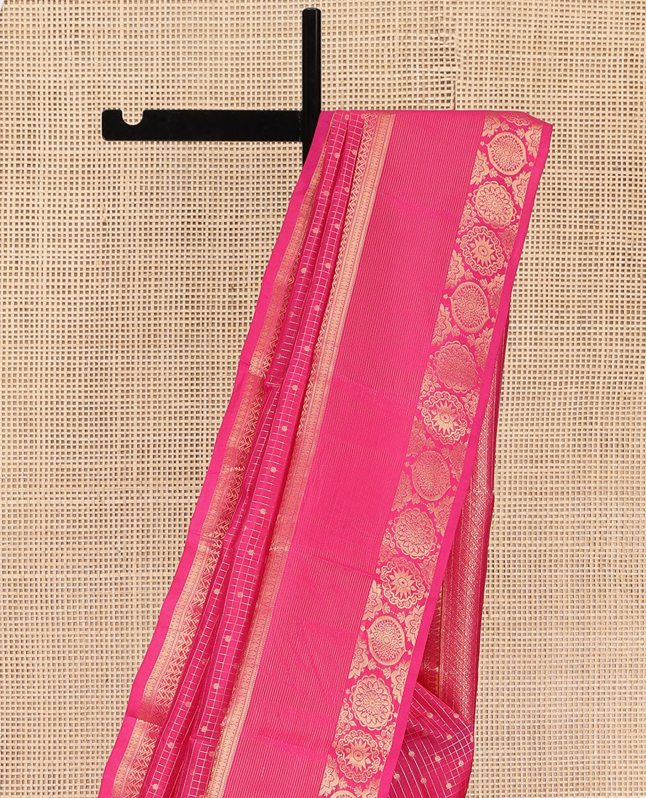 Pink Vasundhara Lite Silk Mix Saree, Richly Detailed with Zari Buttas and Checks, Highlighted by Zari Border of Thilakam Mokku, Muthu, Rudraksham, and Chakram Designs, Majestically Detailed Pallu, and Paired with a Matching Blouse