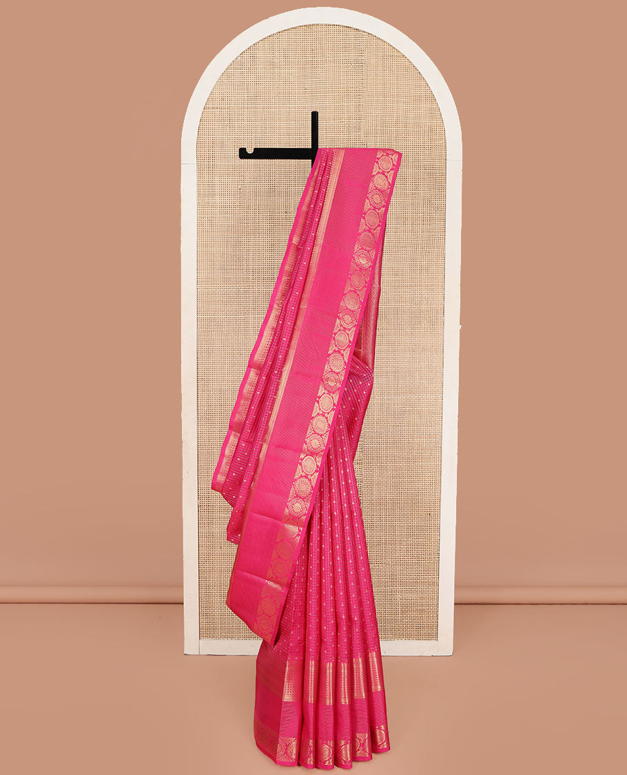 Pink Vasundhara Lite Silk Mix Saree, Richly Detailed with Zari Buttas and Checks, Highlighted by Zari Border of Thilakam Mokku, Muthu, Rudraksham, and Chakram Designs, Majestically Detailed Pallu, and Paired with a Matching Blouse