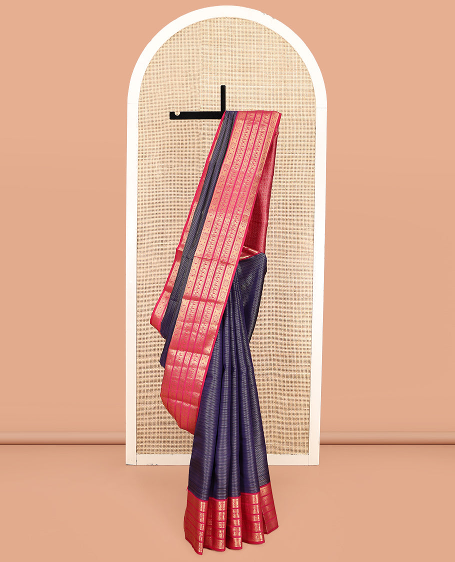 Blue Striped Vasundhara Lite-Silk Mix Saree, a Contrast Border of Traditional Zari Designs, Grand Jaal Pallu, and a Contrast Blouse