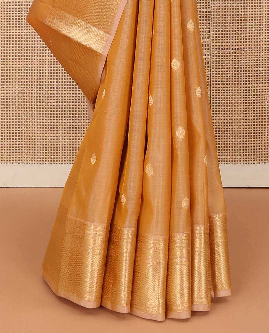Sandal zari buttas Vasundhara silk mix saree, zari border of thilakam mokku, laddu kamalam, manga, and mayil kann designs, and intricate pallu