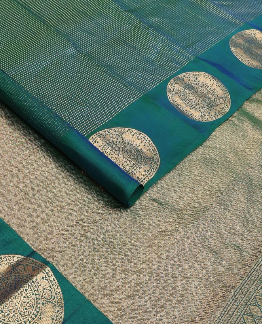 Green zari checked Vasundhara silk mix saree, round chakram zari border, and jaal pallu