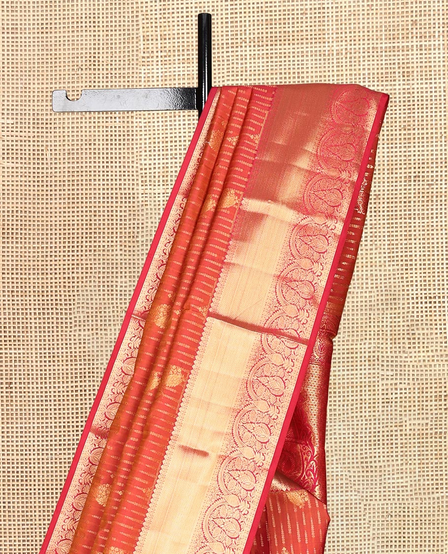 Orange Vasundhara Lite Silk Mix Saree, Beautified with Zari Buttas, a Contrast Border of Thilakam Mokku, Rudraksham, Mayil Kann, and Zari Designs, Grand Pallu, and a Contrast Blouse