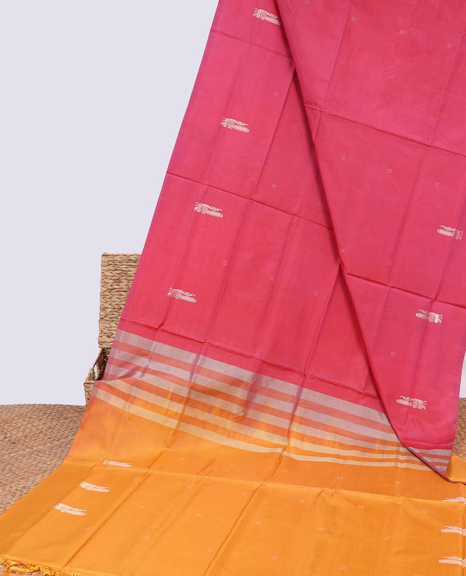 Borderless pink banana pith saree with peacock motifs and stripes pallu