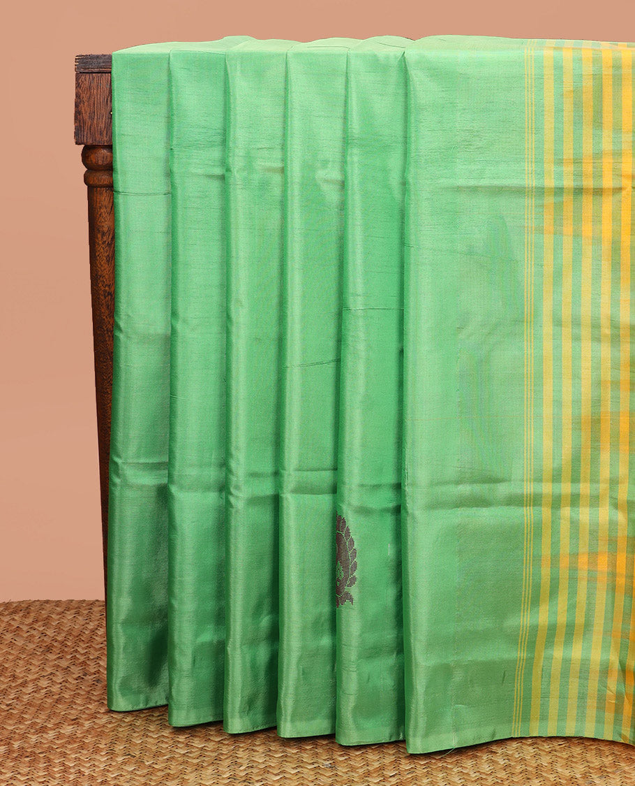 Borderless Green Banana Pith Saree, Detailed with Paisley Buttas All Over Its Body, Complemented by a Contrast Pallu of Unique Buttas, and Paired with a Contrast Blouse