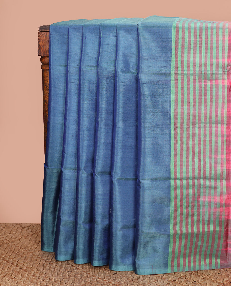 Borderless blue paisley and peacock buttas Banana pith saree, contrast pallu of paisley and peacock buttas