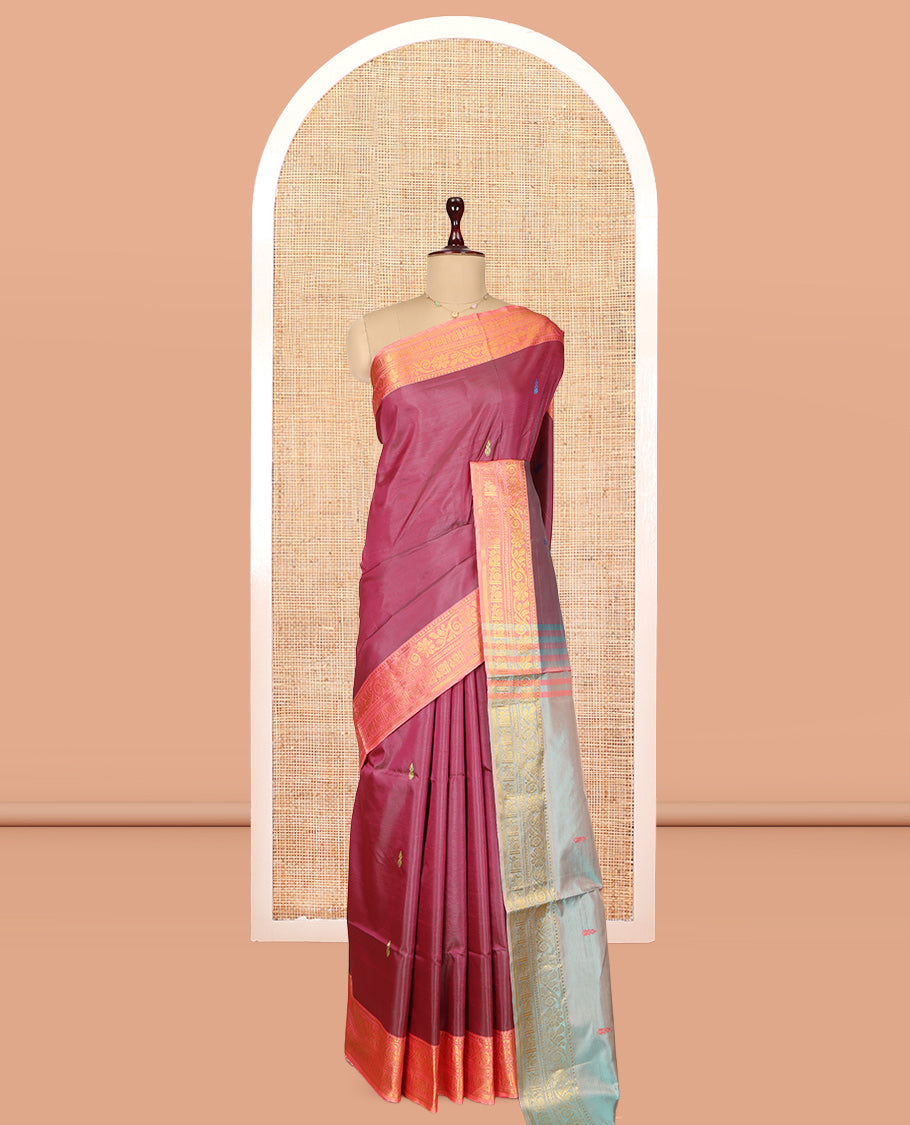 Maroon Banana Pith Saree, Mesmerized with Thread Buttas, a Contrast Traditional Zari Border, Pallu of Buttas, and a Contrast Blouse