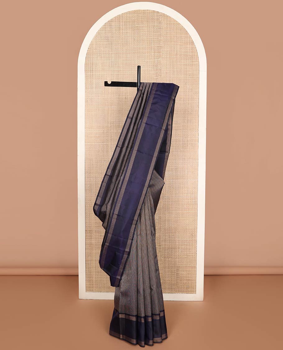 Blue striped silk saree with self rettai pettu zari design border & checked pallu