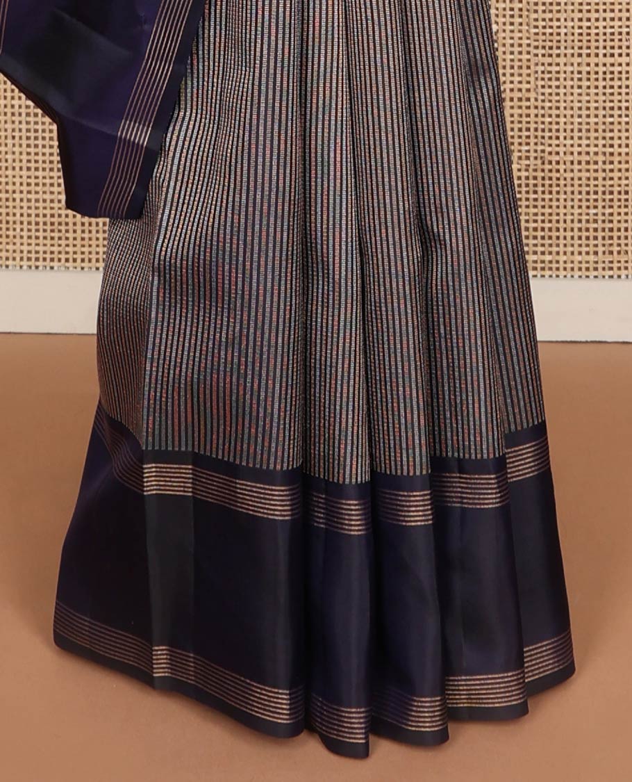 Blue striped silk saree with self rettai pettu zari design border & checked pallu