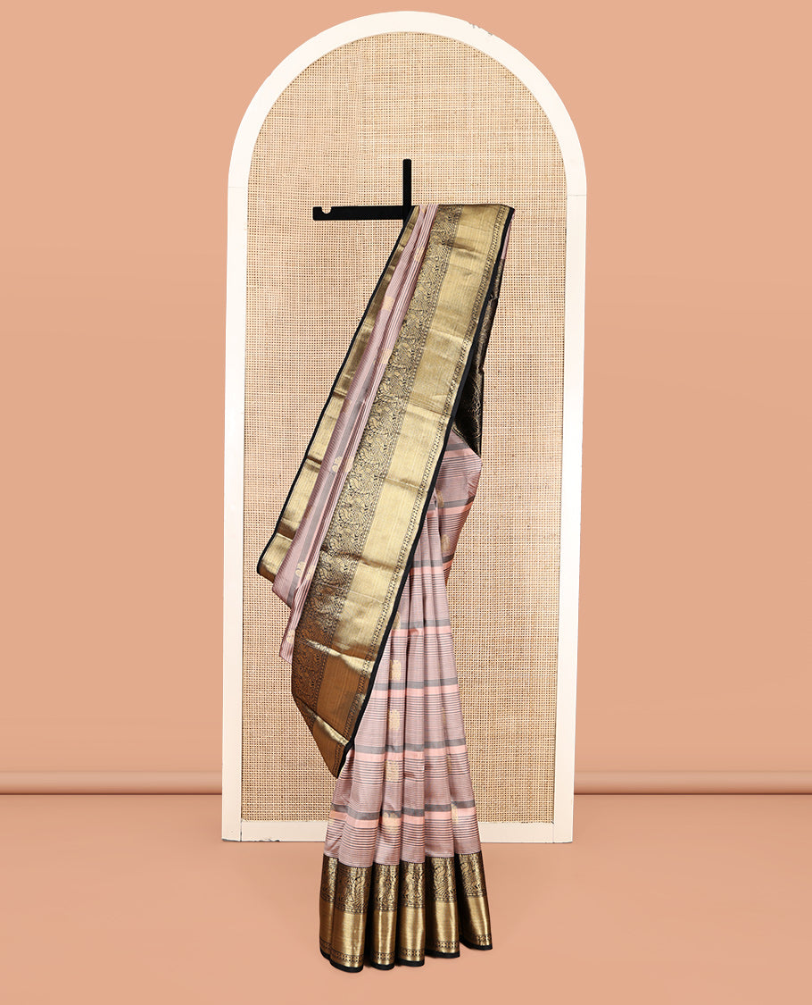 Pink Vasundhara Silk Saree, Accentuated with Zari Buttas and Stripes, Complemented by Contrast Border of Rekku, Muthu, Rudraksham, and Mayil Designs, Grand Pallu, and a Contrast Blouse