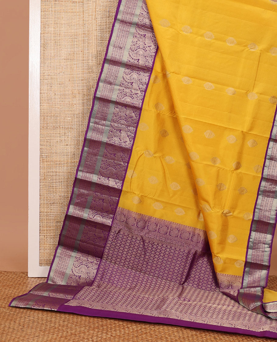 Yellow vazhaipoo stripes & buttas silk saree,contrast chakra enclosed checks pallu & border of kodi visiry,mayil,muthu,kuyil kann & laddu kamalam