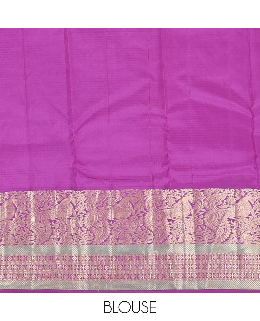 Yellow vazhaipoo stripes & buttas silk saree,contrast chakra enclosed checks pallu & border of kodi visiry,mayil,muthu,kuyil kann & laddu kamalam