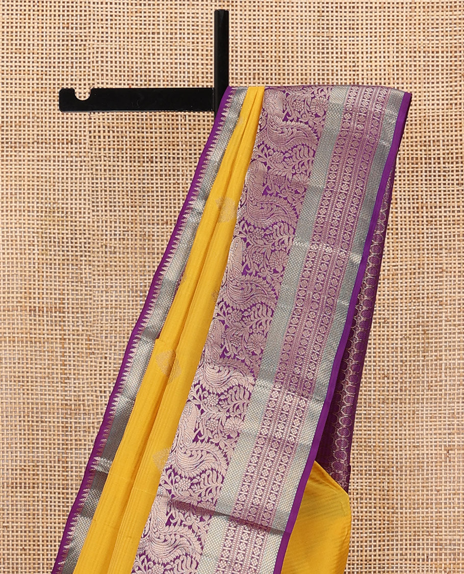 Yellow vazhaipoo stripes & buttas silk saree,contrast chakra enclosed checks pallu & border of kodi visiry,mayil,muthu,kuyil kann & laddu kamalam