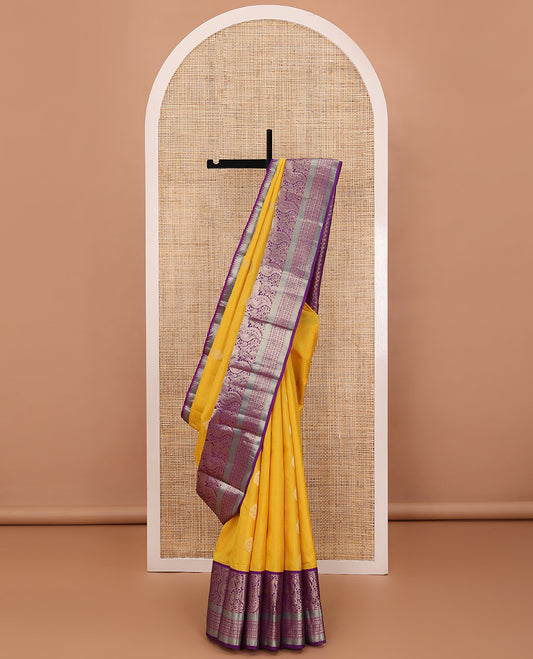 Yellow vazhaipoo stripes & buttas silk saree,contrast chakra enclosed checks pallu & border of kodi visiry,mayil,muthu,kuyil kann & laddu kamalam