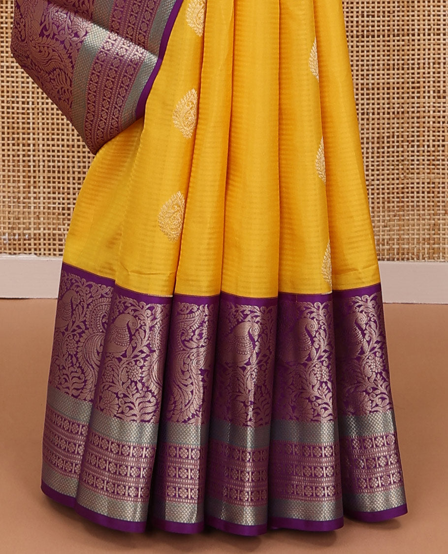Yellow vazhaipoo stripes & buttas silk saree,contrast chakra enclosed checks pallu & border of kodi visiry,mayil,muthu,kuyil kann & laddu kamalam
