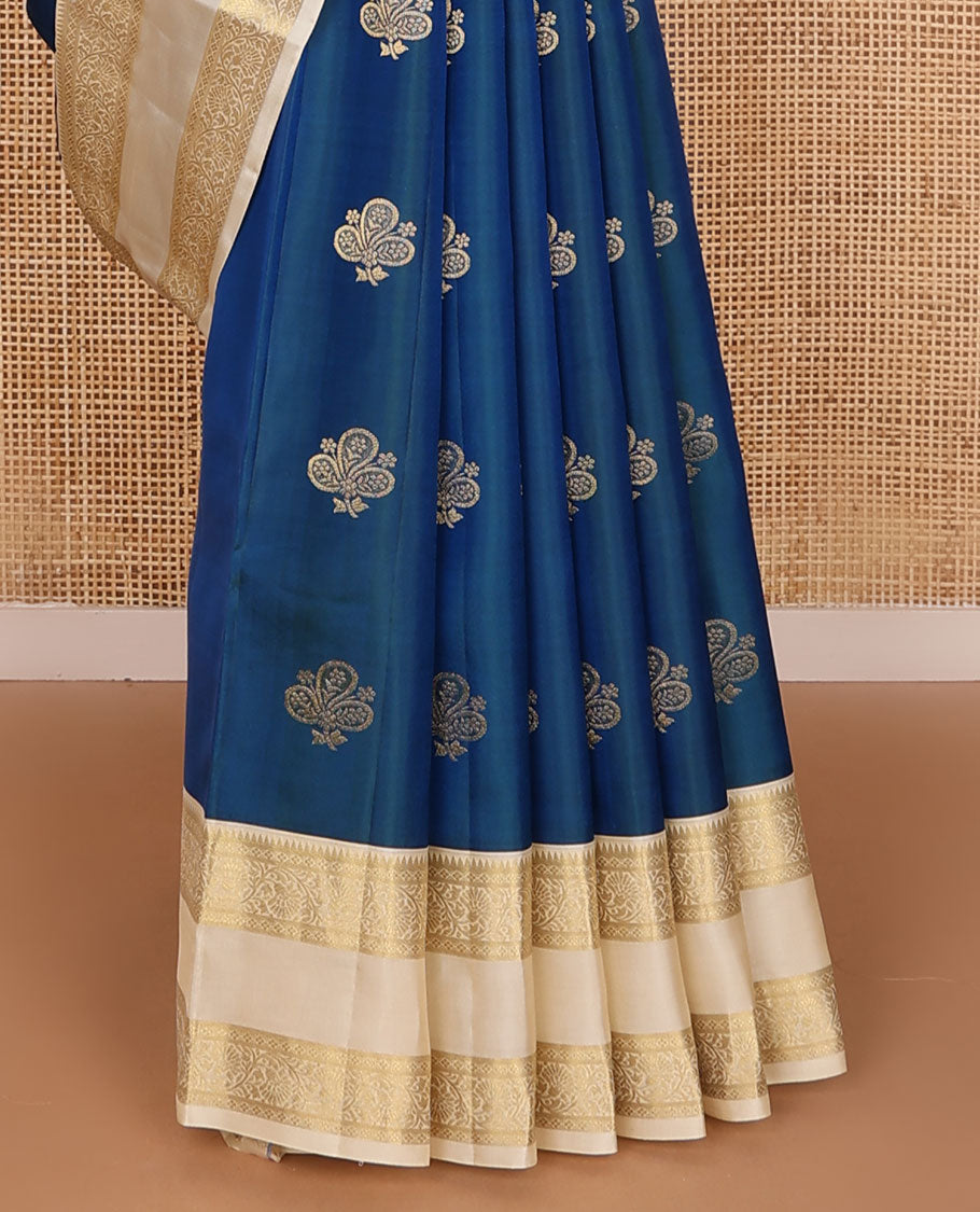 Blue zari buttas silk saree, contrast jaal pallu & rettai pettu border of rekku, diamond & kodi visiry designs