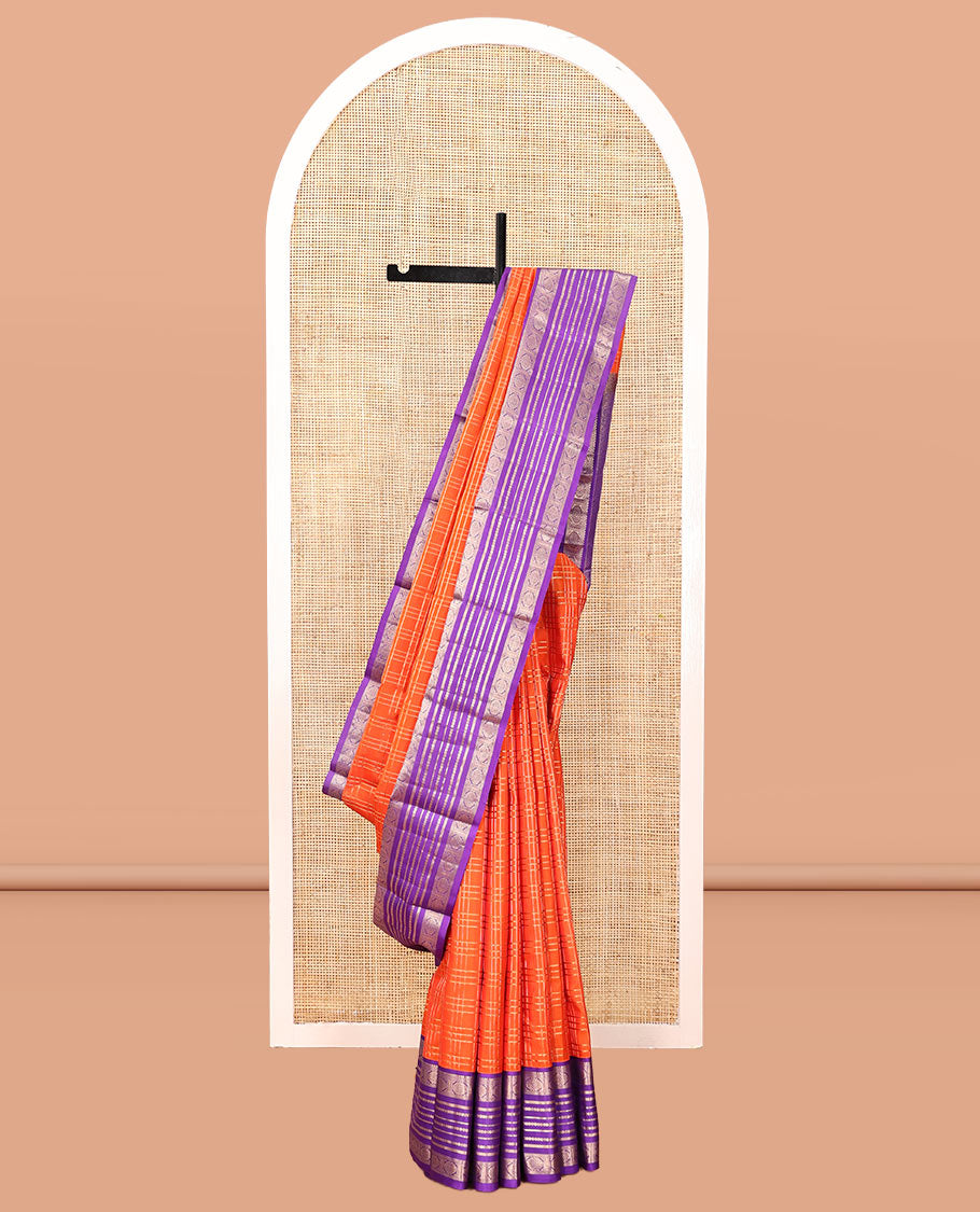 Orange Vasundhara Silk Saree, Enthralled with Zari Checks, a Contrast Border of Salngai, Bentex, Chakram, and Rudraksham Designs, Grand Pallu, and a Contrast Blouse