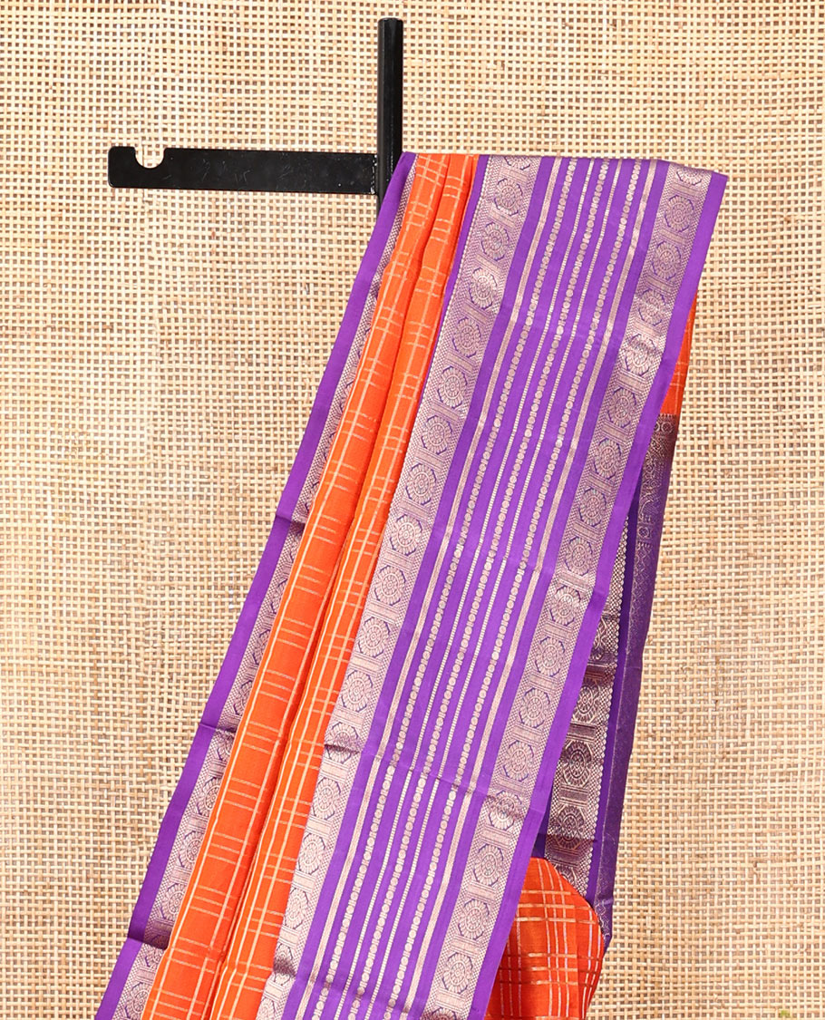 Orange Vasundhara Silk Saree, Enthralled with Zari Checks, a Contrast Border of Salngai, Bentex, Chakram, and Rudraksham Designs, Grand Pallu, and a Contrast Blouse